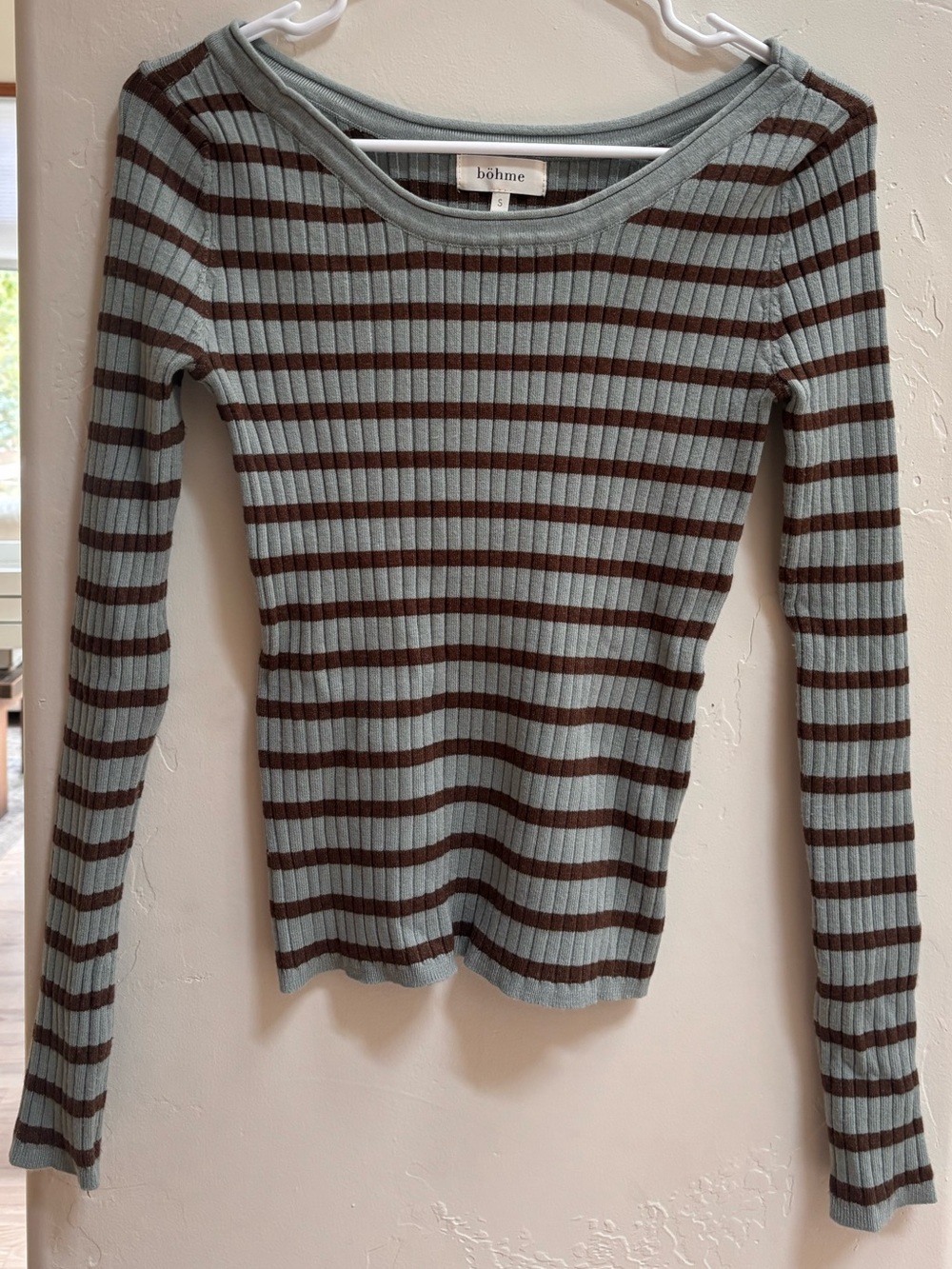 bohme Striped Ribbed Scoop-Neck Top in Light Blue and Brown